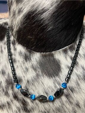 Hematite and blue cats eyes necklace